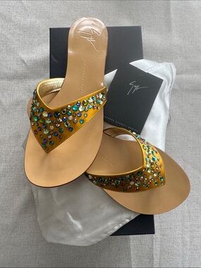 Giuseppe Zanotti Gold Multi-Crystal Embellished Thong Sandals Size 37